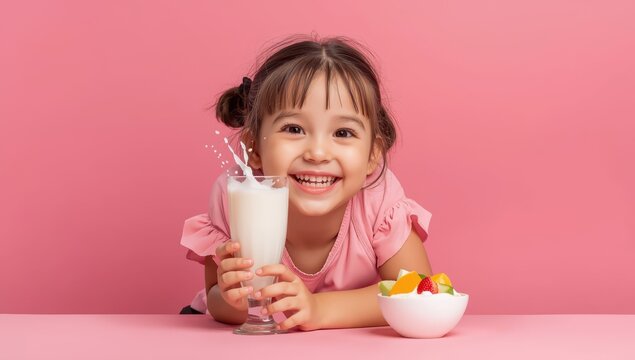 Adorable girl holding a glass of milk against a pink backdrop.