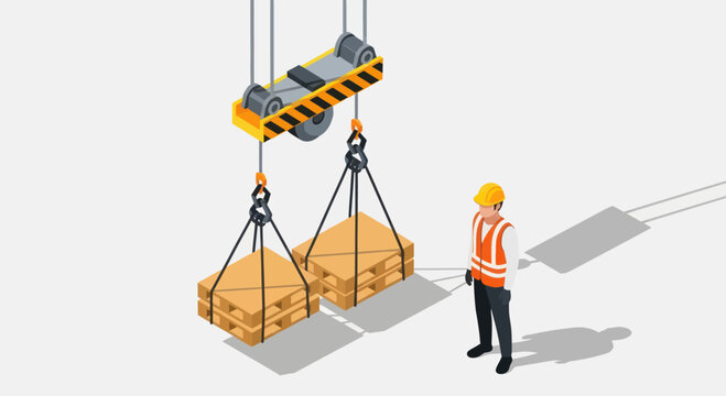 Isometric view of a worker overseeing crane operations lifting wooden crates.