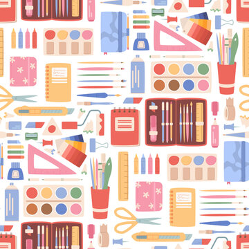 Artist supplies seamless pattern with color pencils, crayons and watercolor tools on white. Flat cartoon art equipment repeat as school craft kit and creative workshop stationery texture.