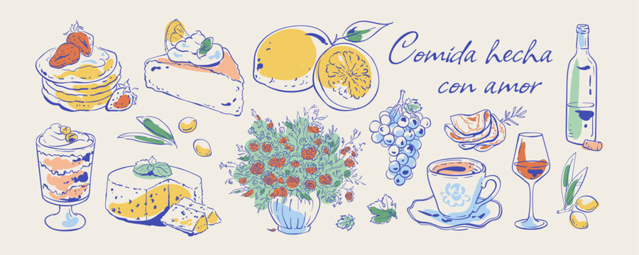 Coquette mediterranean breakfast in ink line style set. Cute brunch food as gourmet pancakes, cake and cheese with yellow and blue detail. Whimsical breakfast icon set suits cafe menu, bakery card or