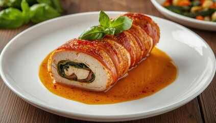 Bacon and basil stuffed chicken roll.