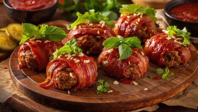 Bacon-wrapped meatloaf sliders, Italian style.
