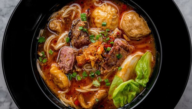 Beef noodle soup with dumplings and bok choy on a black plate, overhead view.