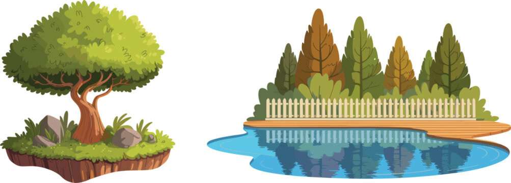 Colorful nature landscapes with tree island and lakeside autumn scenery illustration