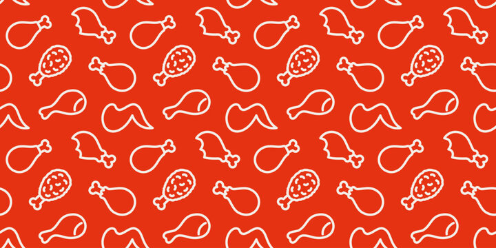 Chicken drumsticks and wings seamless pattern in doodle outline style. Repeating vector