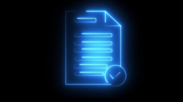 Red neon checklist document on black background neon sign document check mark .neon Check mark icon and tick mark icon animation. neon success, approved, 4k