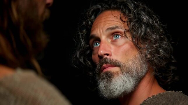 Thomas looking confused and questioning towards Jesus in dramatic light