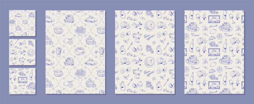 Coquette mediterranean brunch pattern in blue line seamless set. Hand drawn cafe breakfast food doodle as seamless set. Cute italian and french meal background for vintage bakery menu and cozy