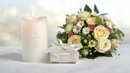 Obraz premium Candle, gift, and flowers for first communion or confirmation.