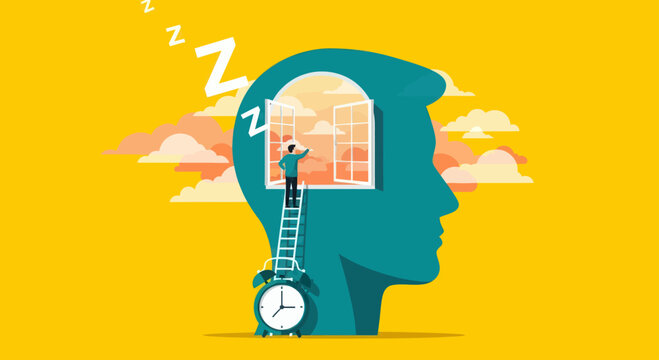 Person on ladder opening window in giant head with alarm clock.