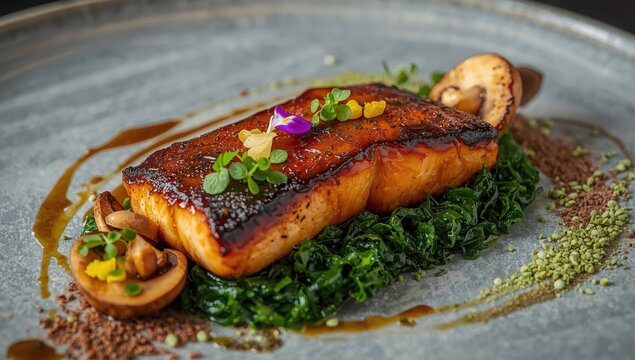 Charbroiled black cod with miso glaze accompanied by saut&eacute;ed mushrooms, greens, and elegant presentation.