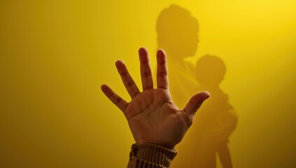Obraz premium Child's hand against a solid yellow backdrop - support for Ukrainian refugees.