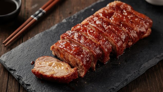 Chinese BBQ pork served on a black stone board.