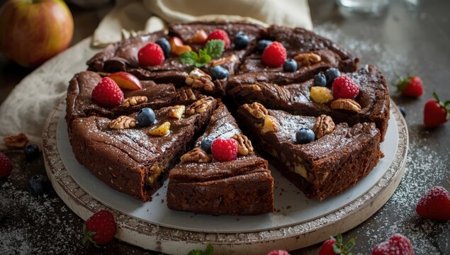 Chocolate apple nut brownie. Sweet vegan dessert. Breakfast.
