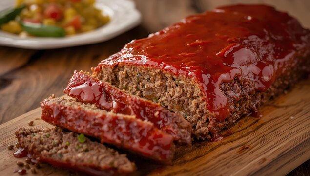 Classic American meatloaf with ketchup on a wooden surface. Blank area.