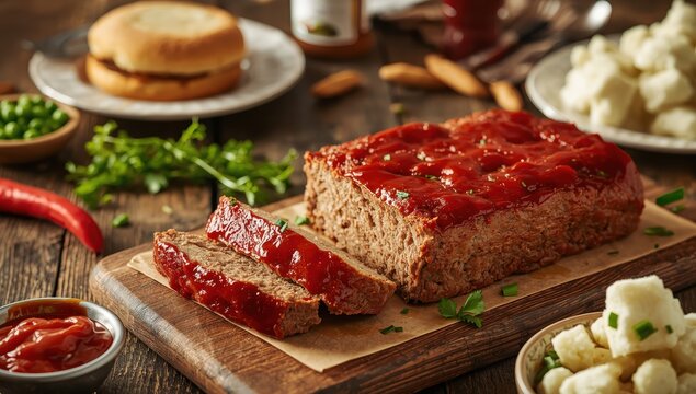 Classic American meatloaf topped with ketchup on a wood surface.