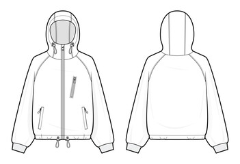 Oversized Utility Zip-Up Hoodie technical fashion illustration. multi pocket hoodie vector template. raglan sleeve jacket. zip pockets. drawcord hem. unisex streetwear. white color. CAD Mockup   © aiven studio