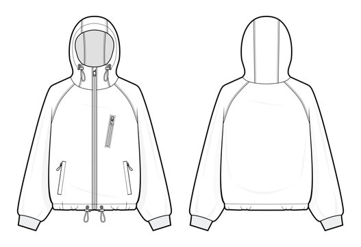 Oversized Utility Zip-Up Hoodie technical fashion illustration. multi pocket hoodie vector template. raglan sleeve jacket. zip pockets. drawcord hem. unisex streetwear. white color. CAD Mockup  