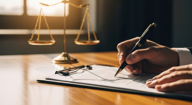 Legal professional signs a formal document at a desk with a pair of golden scales in the background.