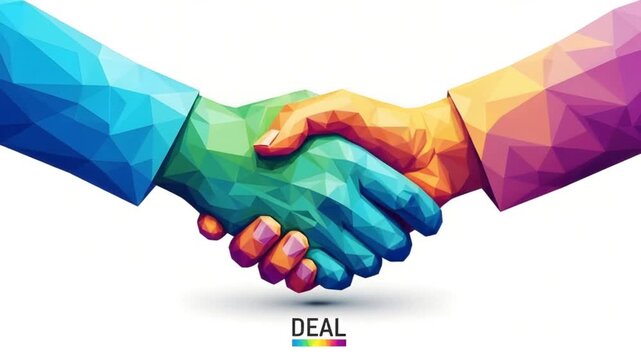 Vibrant polygonal handshake on white background with colorful deal concept