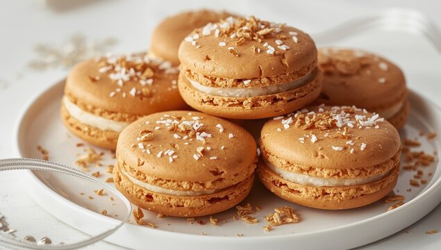Closeup of copra coconut macarons on a white backdrop.