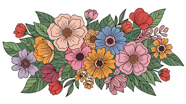Colorful Floral Arrangement with Detailed Line Work and Varied Blooms.