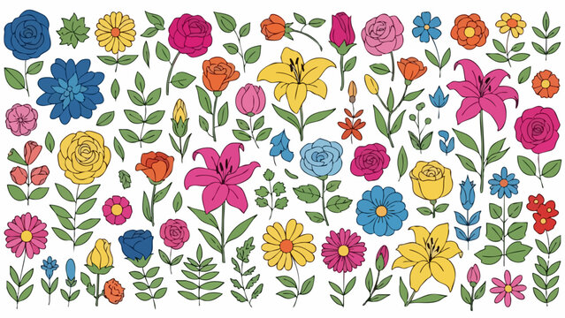 Large collection of colorful hand drawn flowers and leaves.