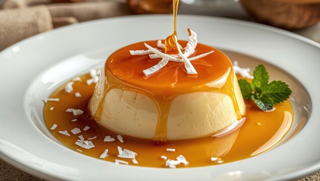Coconut pudding with sweetened milk on a white dish.
