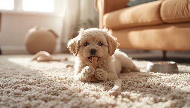 Cute puppy with a bone in paws, chewing on carpet by the couch.