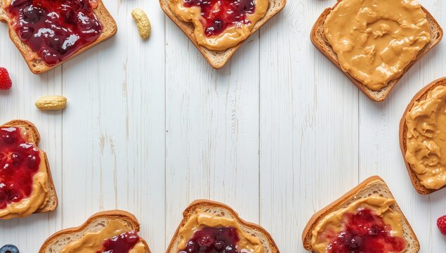 Delicious PB&J sandwiches on a bright table, overhead view.