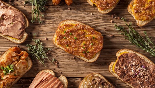 Delicious liverwurst and chive sandwiches on a wooden surface.