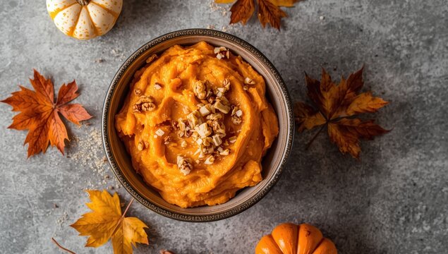 Delicious sweet potato puree with walnuts on a grey table, top view.