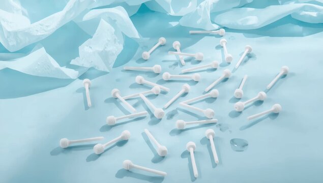 Dental floss picks on a pale blue surface, dental care theme with empty space.