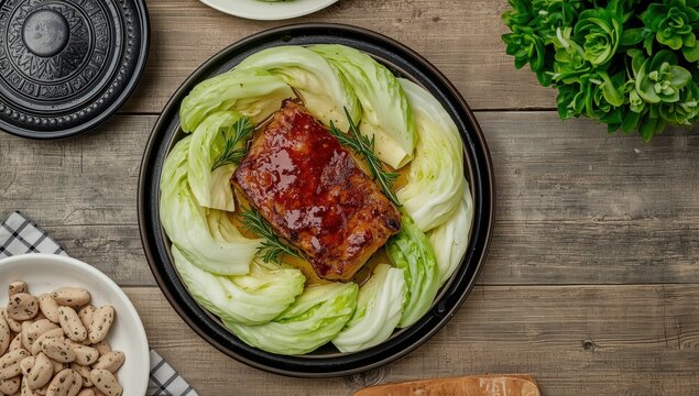 Dish featuring pork and savoy cabbage against a white backdrop.