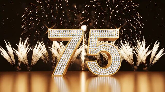 Grand 75th Anniversary Celebration featuring golden diamond-encrusted numbers with fireworks background perfect for jubilee events and milestone birthday videos.