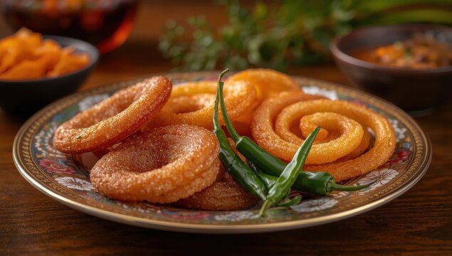 Fafada with sweet jalebi, chili, and sambhara on the plate.