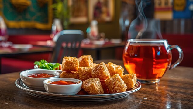 Fafda with ketchup, mint chutney, and hot tea, a classic Indian snack, close-up.