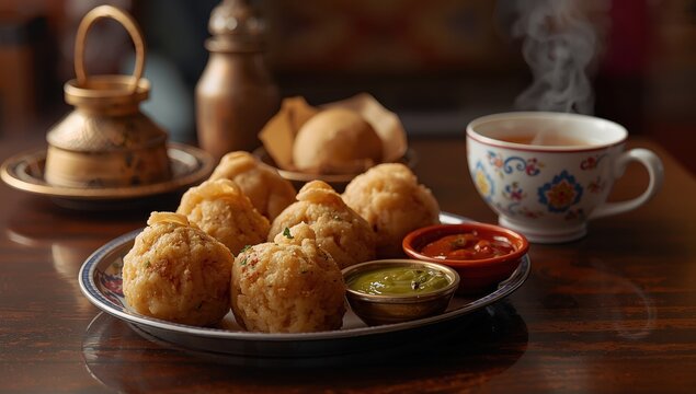 Fafda with tomato ketchup, mint chutney, and hot tea, a beloved Indian snack.