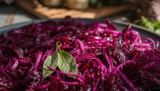 Fermented cabbage with beets and laurel.