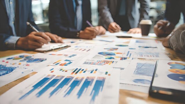 Business colleagues gather around a wooden table covered in detailed financial charts and bar graphs to analyze market trends and collaborate on important quarterly reports.