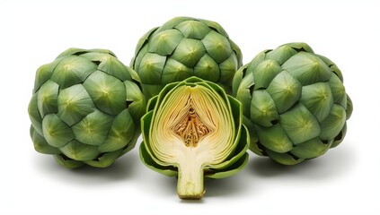 Fototapeta premium Fresh artichokes and hearts on white backdrop.