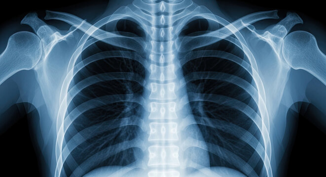 Medical X-ray image showing bones of the upper chest ribs shoulder joints and spine for diagnostic evaluation; health analysis