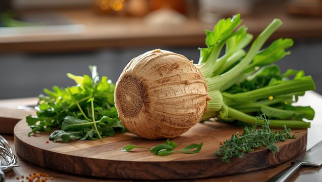 Fresh celeriac, nutritious vegetable, vitamin-rich wedge.