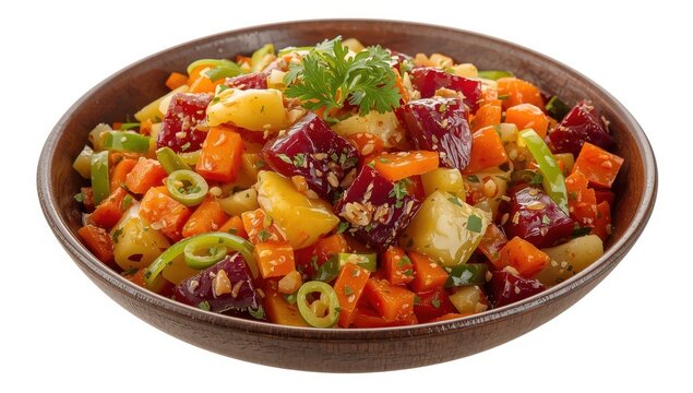 Fresh vinaigrette salad in a bowl on a white background.