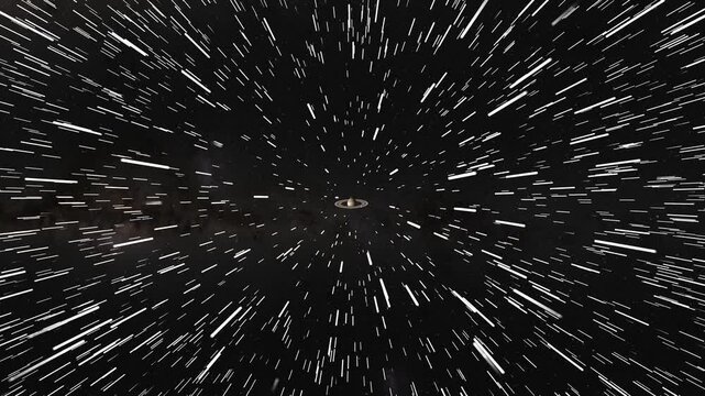 Fast space travel through galaxy with Saturn planet zoom effect cosmic background.