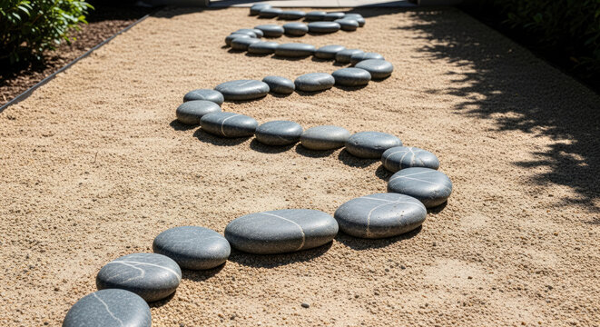 Curving path made of smooth gray stones through tan sandy garden creating a serene and calming Japanese Zen garden landscape
