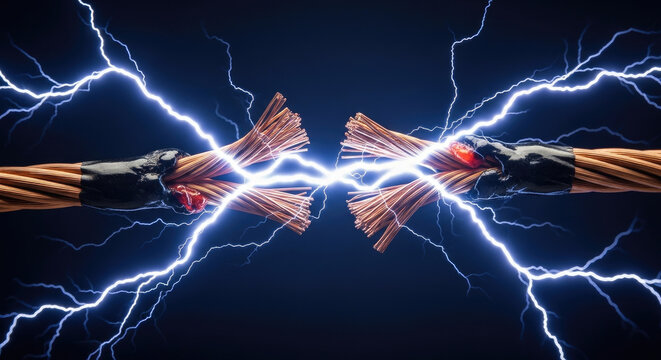 Electrical discharge between two copper wires with exposed ends creating lightning sparks on a dark blue gradient background