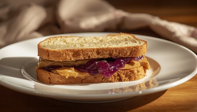 Jelly and peanut butter sandwich on a plate.