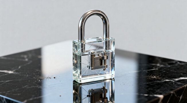 Transparent padlock on a marble surface, symbolizing security and transparency in business operations