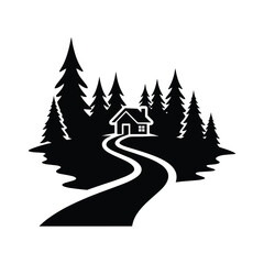 Obraz premium Cozy cabin house with winding road and pine trees in forest landscape silhouette